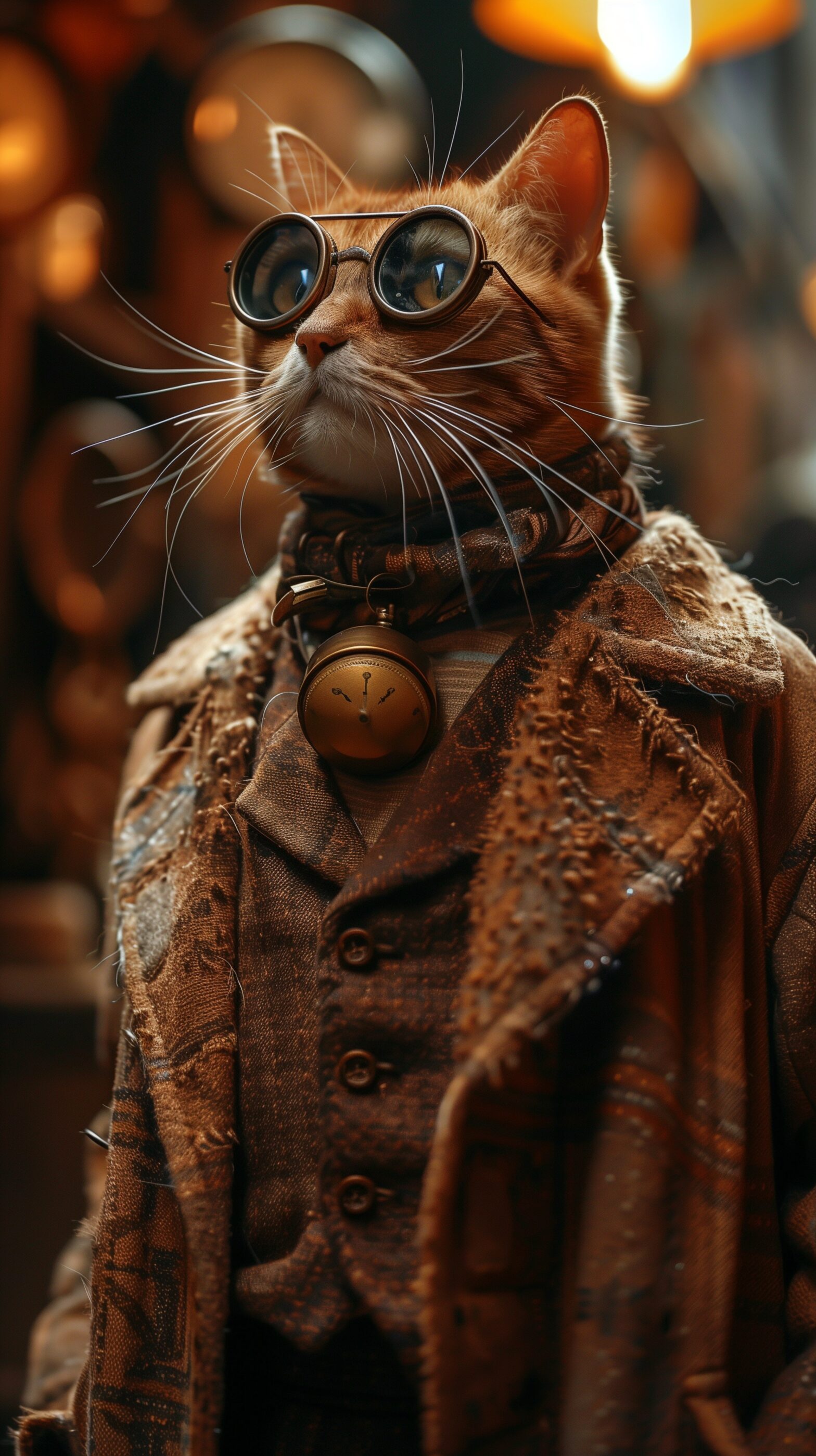 A noble and inquisitive ginger cat wearing round, vintage spectacles and a time-worn, textured coat adorned with a brass pocket watch. Its long whiskers frame a face full of contemplation, and its eyes reflect a deep, almost human-like understanding. The warm, ambient lighting accentuates the intricate details of its attire and the timepiece, suggestive of its adventures through the ages. This cat, both an author and a traveler of time, carries an air of Victorian elegance and the wisdom of many eras past.